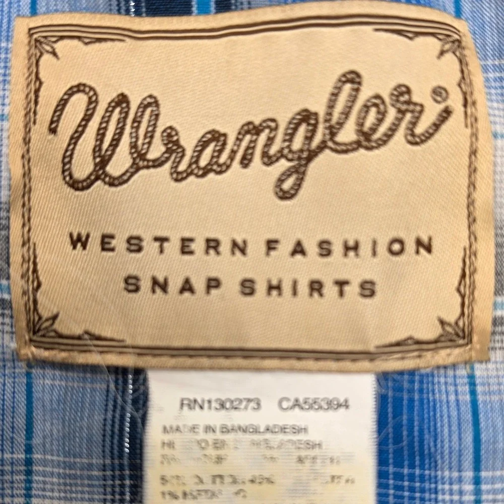 Wrangler Mens Western Snap Shirt Blue Plaid Metallic Thread Long Sleeve Medium
